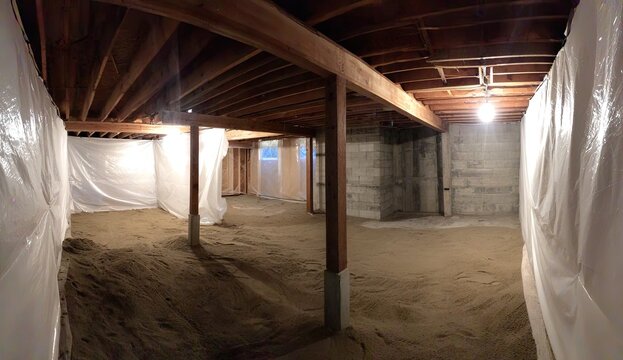 Interior of a basement under construction, filled with sand