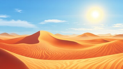 Naklejka premium A vast desert landscape with rolling sand dunes illuminated by a bright sun against a clear blue sky.