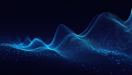 Abstract digital waves of light blue particles on dark background