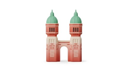 Obraz premium Stylized Twin Tower Building with Green Domes, Isolated.