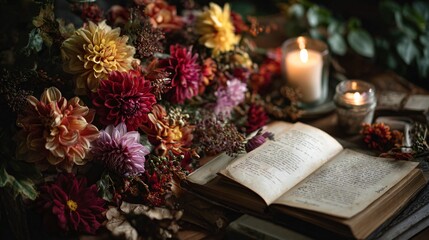 Top-down of autumn bouquet beside an open book and candle