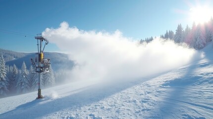 high tech snowmaking machine making artificial snow on ski loop clear blue sky 3d render