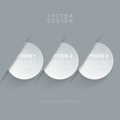 Vector Infographic Design with Three Numbered Steps/Options Represented by White Circles with Diagonal Overlays and Long Shadows on a Gray Background