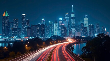 Obraz premium Cityscape with light trails from traffic on a highway leading into the illuminated urban skyline under a crescent moon.