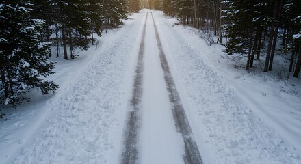 Obraz premium Winter forest road with tire tracks in snow.