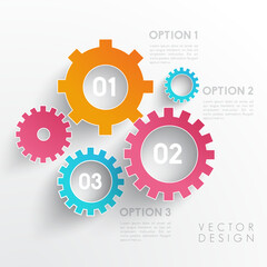 Vector Infographic Design with Three Steps/Options Represented by Overlapping Colorful Gears/Cogs on a White Background