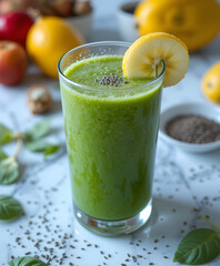 A vibrant and healthy green smoothie in a clear glass, made with fresh spinach, banana, and mango. Condensation glistens on the glass, emphasizing freshness. 