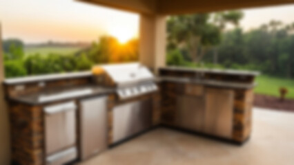 Blurred image of outdoor kitchen interior with open nature theme, kitchen equipment visible, Evergreen, blurry wallpaper.