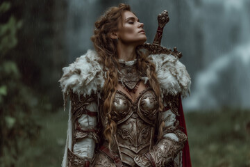 Obraz premium Fearless warrior woman in ornate medieval armor with sword and fur cape standing in forest near waterfall, strong female knight fantasy character in epic cinematic atmosphere