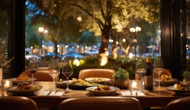 Restaurant dining room, evening ambiance