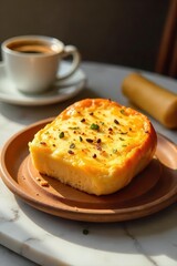 Warm cheesy bread, rich coffee, elegant marble setting , black, golden brown