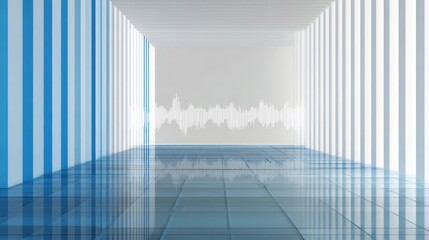 Abstract 3D render with blue and white glass elements and vertical gradient lines, modern background with interactive display and dynamic data curves, symbolizing technology, design and innovation.