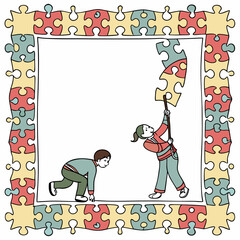 Illustration of children assembling a puzzle frame, symbolizing autism awareness, support, and inclusion in a colorful and cartoon style