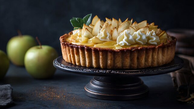 An elegant cream pedestal with apple tart, charcoal table, mustard-flavored filling theme