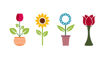 Vector art of a vibrant collection of four colorful flower icons, including tulips and sunflowers, each in a decorative pot, , ideal for spring and summer themed designs