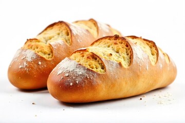 Warm, crusty loaves, scattered flour, wheat Pure white background , bread, closeup, appetizing