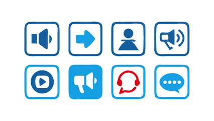 Vector art of collection of blue and white icons representing various functions such as sound, direction, user, and communication, ideal for web and app design