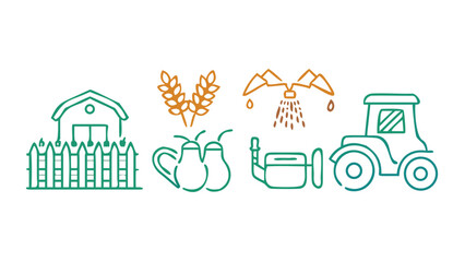 Fototapeta premium Vector art of collection of farm icons, featuring barn, wheat, irrigation system, tractor, and pears in a simple line drawing style, perfect for agriculture and rural themes