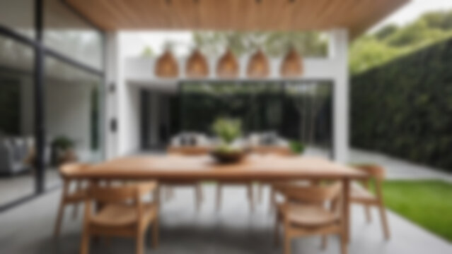blurry image of the interior of a dining table located outdoors with an open nature theme, Evergreen, blurry wallpaper.