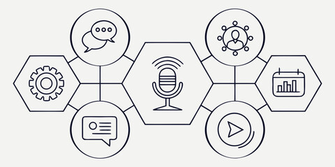 Vector art of communication and network icons, featuring microphone, speech bubbles, calendar, and play button for communication, social media, and podcast concepts