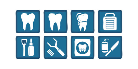 Vector art of dental care icons set featuring tooth, dentist equipment, oral hygiene and health symbols in blue and white vector illustrations for clinic and treatment