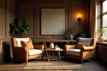 Warm lighting bathes comfy armchairs & rustic wooden table , comfortable, interior, warm lighting