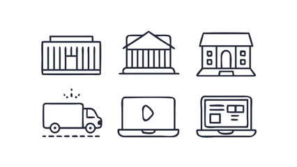 Vector art of government buildings, delivery trucks, and video websites icons, representing institutions, transport, and online media content with architectural design
