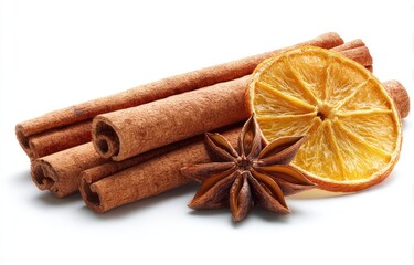 Cinnamon sticks, dried orange slices, and star anise