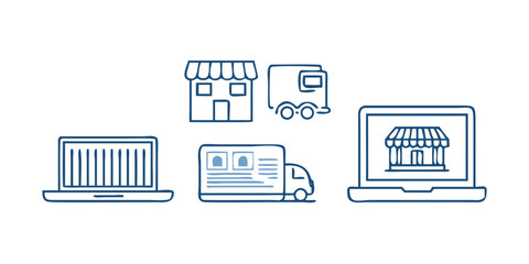 Vector art of online store and ecommerce business digital marketing and technology concept with laptop, delivery truck, and simple outline drawing
