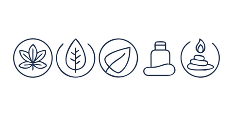 Vector art of set of spa and wellness icons featuring leaves, essential oil bottle and stacked stones in simple line art style for graphic design and illustration projects © RUJINA