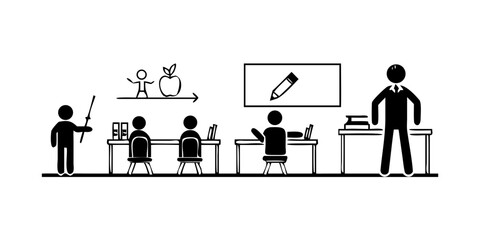Vector art of simple line illustration depicting classroom with teacher, students, desks, and board with drawing