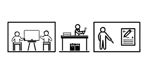 Vector art of three simple line illustrations depicting presentation, teacher at desk with books and bags, and person presenting