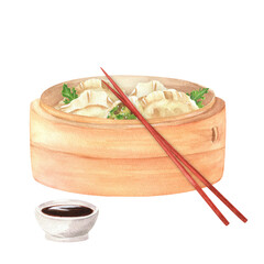Chinese steaming basket with dumplings, parsley leaves, eating chopsticks and soy sauce. Watercolor Chinese food clipart. Had-drawn illustrations on the topic of Chinese New Year cuisine