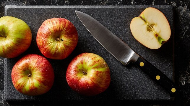 An overhead: cutting apples on black surface with cream chopping board, mustard knife handle