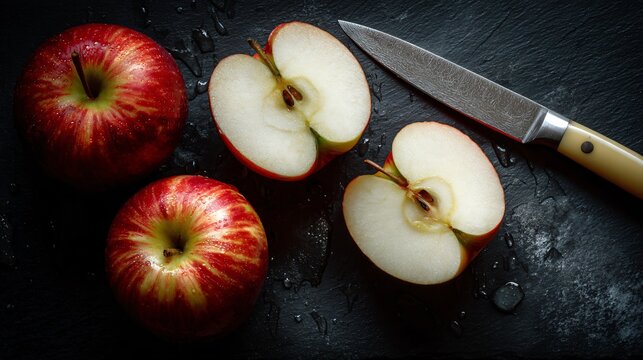 An overhead: cutting apples on black surface with cream chopping board, mustard knife handle - Powered by Adobe