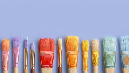 Colorful paintbrushes lined up on a pastel background