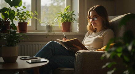 Serene young woman with glasses writing in a journal, relaxing in a comfortable armchair in a cozy, sunlit living room surrounded by plants.