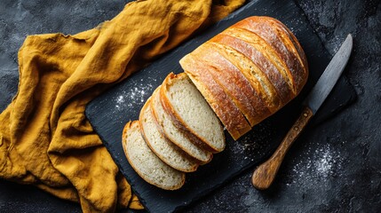 A top view of freshly baked bread sliced on black slate, mustard linen, cream knife