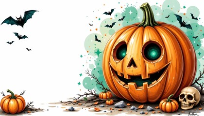 A festive Halloween scene with two pumpkins at its center. One pumpkin has a jack o' lantern face carved into it, complete with a playful grin and glowing eyes