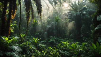 Obraz premium Dense Jungle Sunlight Rays Tropical Forest