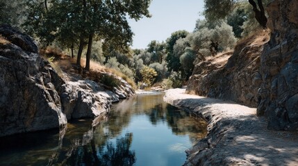 A tranquil river winds through a sun-drenched rocky gorge, reflecting the surrounding trees and sky.  Sunlight bathes the pathway alongside the water, casting gentle shadows.