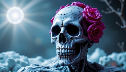 A skeleton with an arrangement of flowers placed on its head, holding what appears to be a rose. The background is dark with hints of blue and black, creating a somber atmosphere