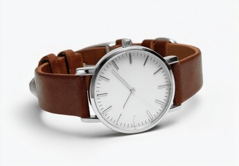 A round wristwatch with a tan leather band