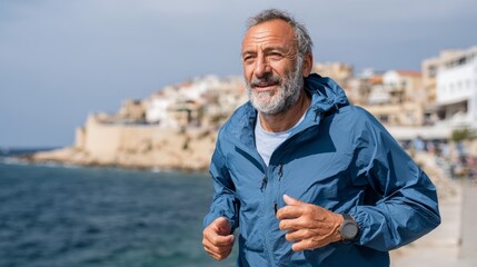 Elderly man jogging by the seaside active lifestyle outdoor exercise healthy environment scenic view