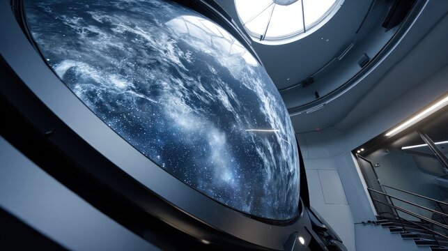 A large, curved screen displays a detailed image of Earth from space, set within a modern, architectural interior. - Powered by Adobe