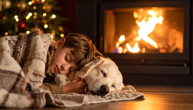 Cozy Christmas Eve: Boy and Dog Napping by Fireplace