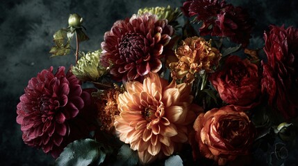Dark floral bouquet dominated by forest greens, burgundy dahlias, and burnt orange roses, photographed against charcoal velvet