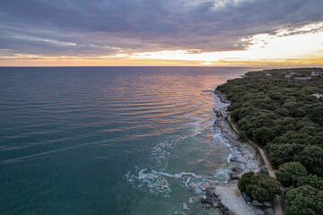 Aerial drone sunset view of Lanterna peninsula, Istria, Croatia.