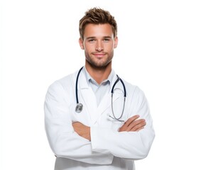 Fototapeta premium Confident male doctor with stethoscope, smiling and arms crossed, isolated on white background.