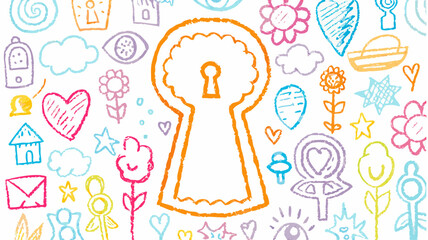 Hand drawn keyhole with flower and heart doodles scattered on a white background in pastel colors